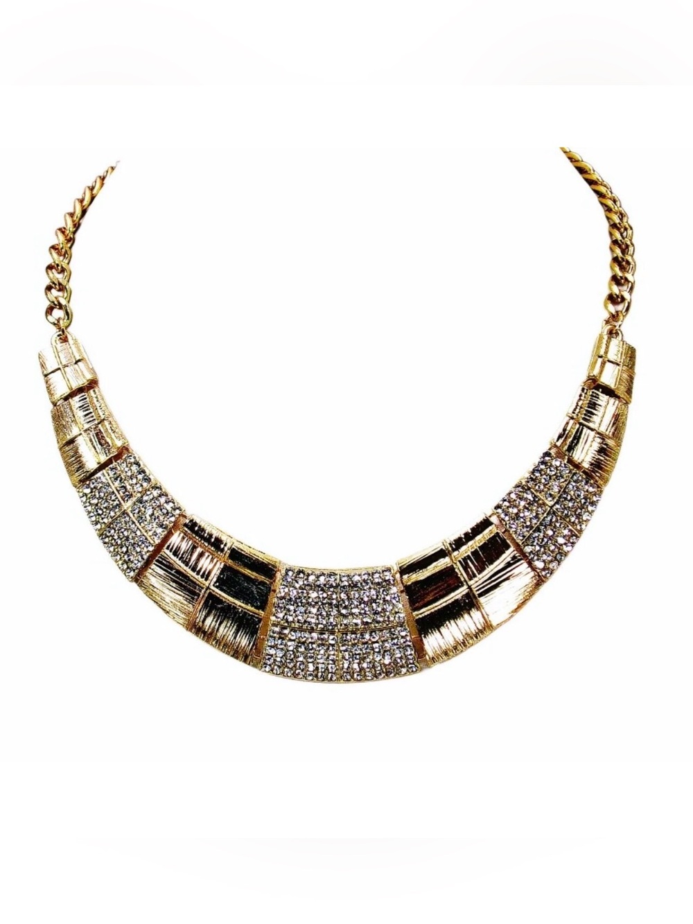 Wide metal statement necklace with crystals and textured metal sections New